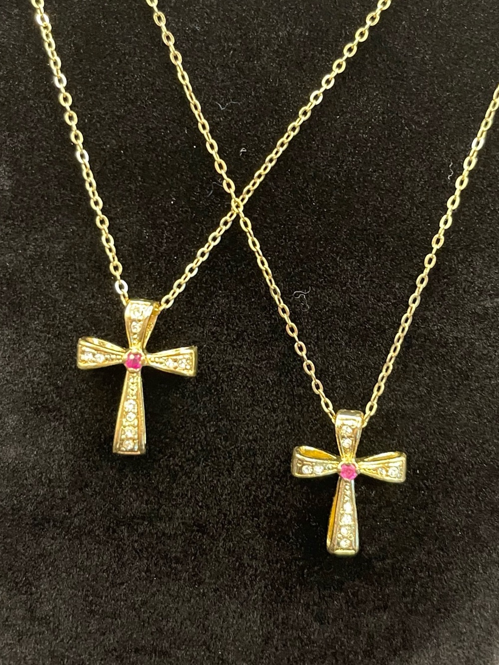 NWOT Two Vtg Gold Tone Cross Flare Necklaces Ruby red & cz 18” chain on both